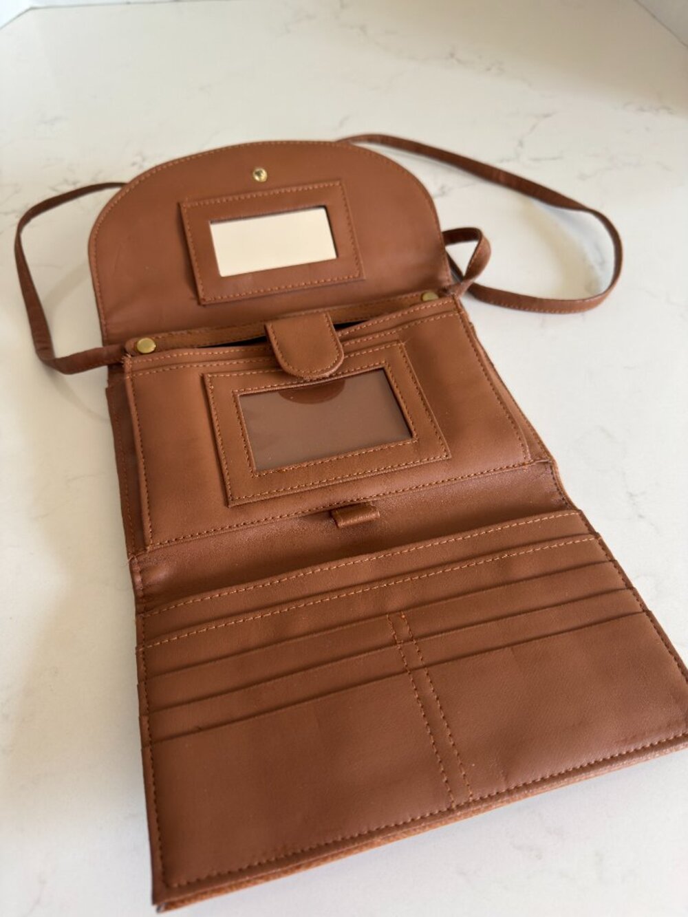 NWOT Cognac Pebble Grain Crossbody Wallet Purse, Built-in Mirror & Card Slots